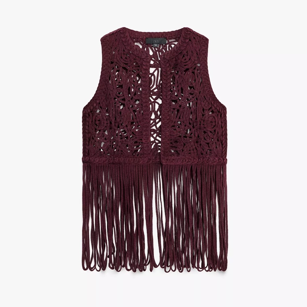 Zara Burgundy Crochet Fringe Vest